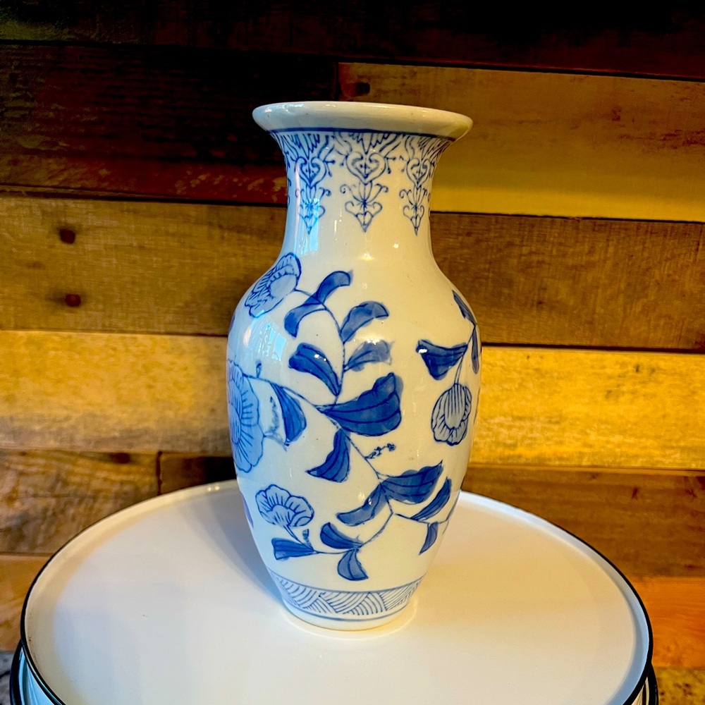 Vintage Blue and White Floral Ceramic Vase - made in China